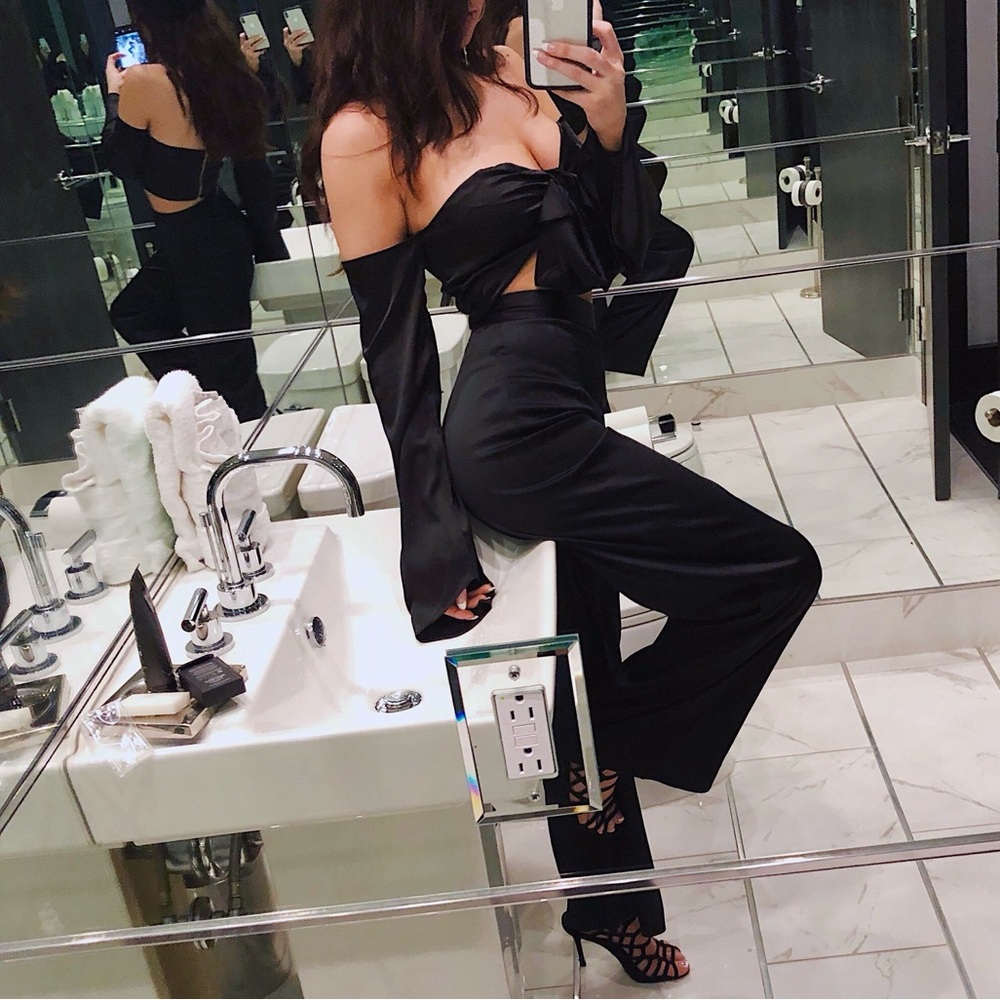 MESHKI black silk off-the-shoulder top and high waist pant set